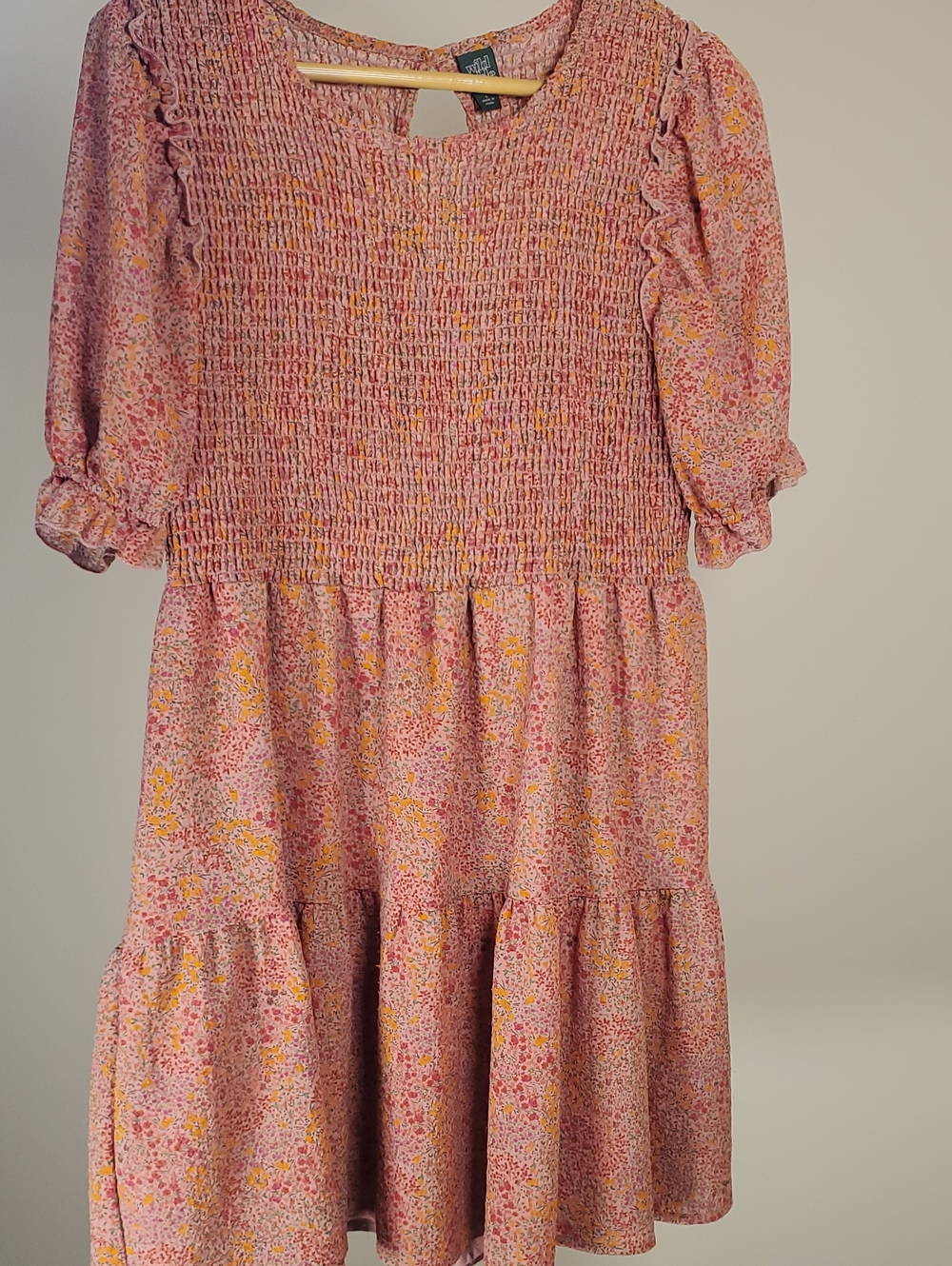 wild fable Pink Floral Smocked Midi Dress with Puff Sleeves